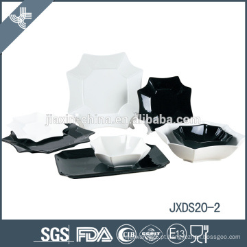 Conjunto de jantar quadrado de porcelana 20pcs, conjunto de jantar branco e preto, pequeno conjunto de jantar